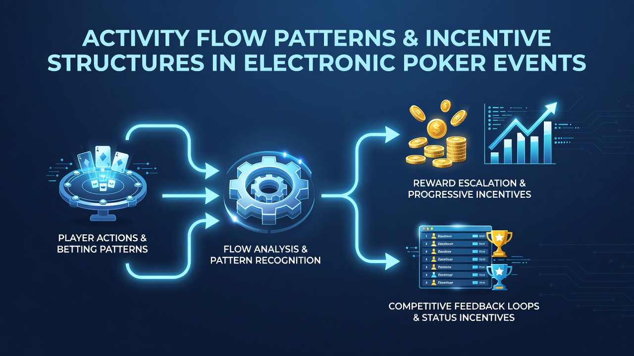 Visualization of activity flow patterns in electronic poker platforms showing player session timelines and reward trigger points