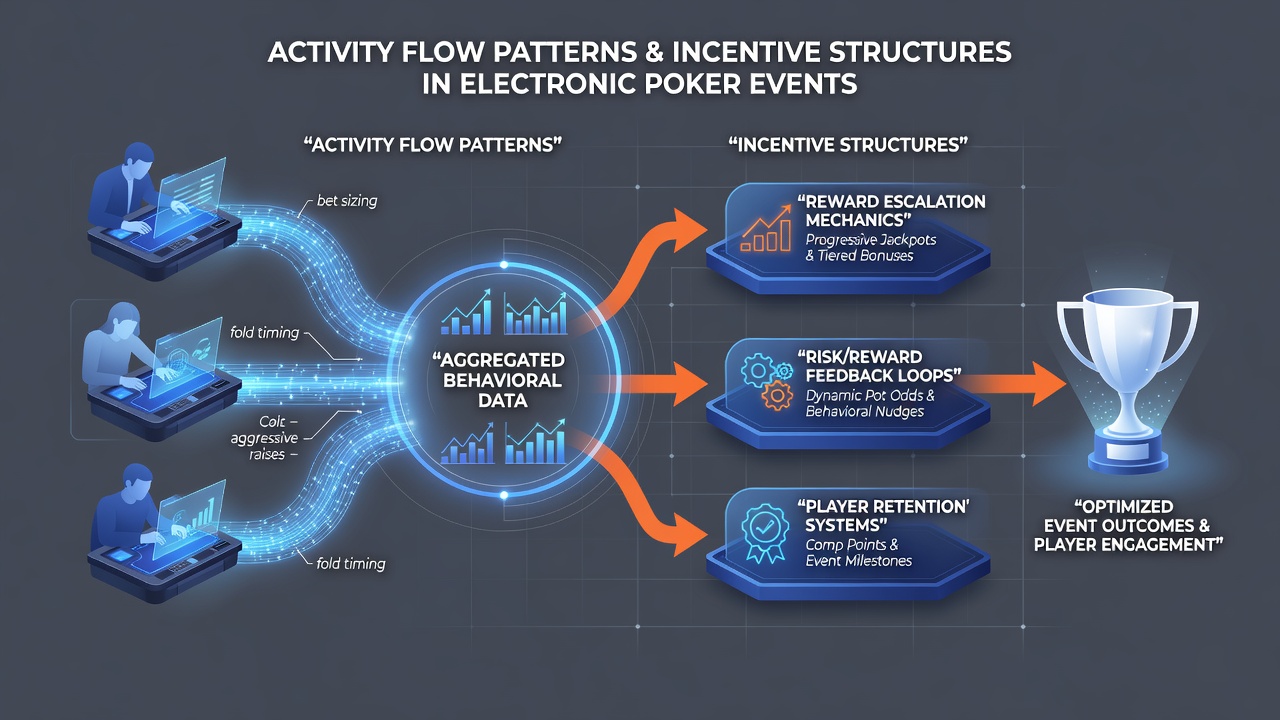 Diagram illustrating how activity flow data connects to layered incentive structures in electronic poker tournaments