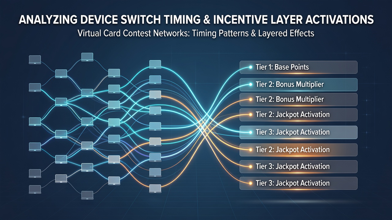 Network diagram showing device switch timing across virtual card contest platforms with layered incentive markers