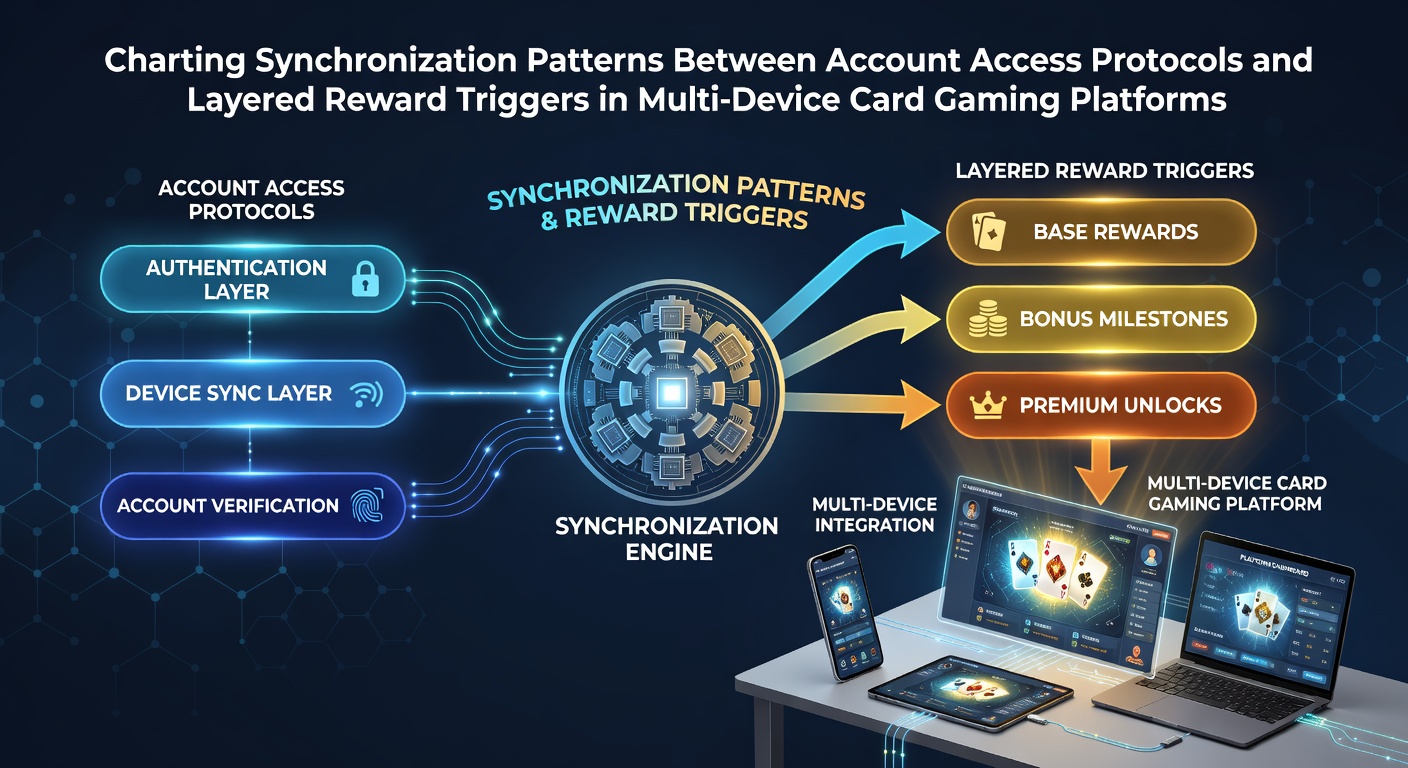 Multi-device card gaming platform showing synchronized login protocols across phone, tablet and desktop with reward trigger layers highlighted