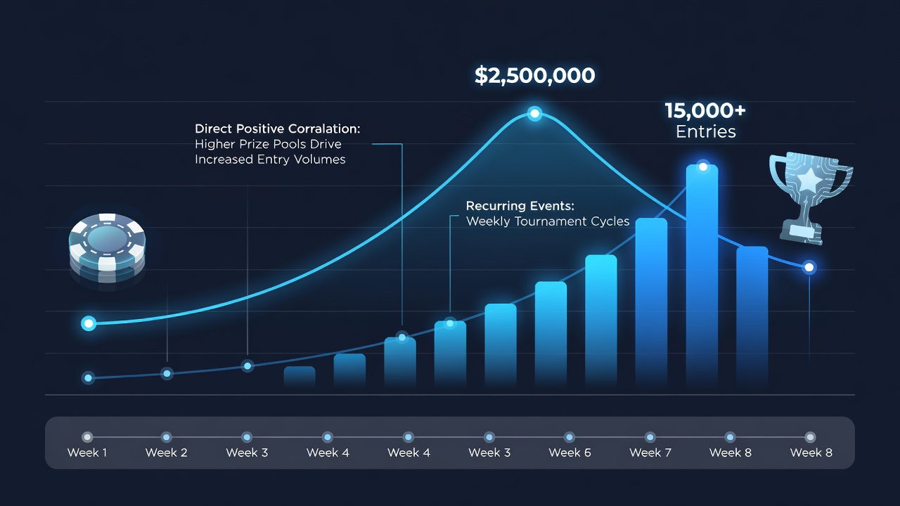 Graph showing rising progressive prize pools alongside increasing entry volumes in recurring online poker tournaments during 2025-2026
