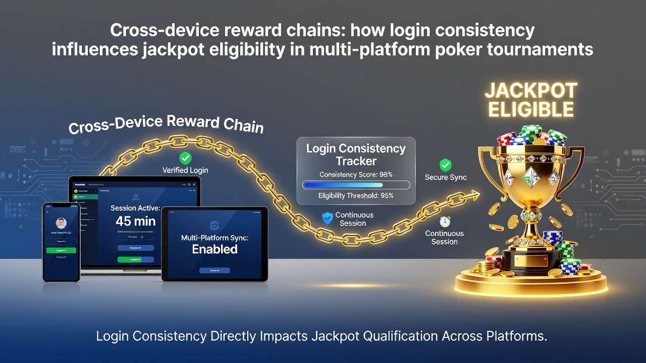 Illustration showing multiple poker tournament interfaces across desktop, tablet, and mobile devices with synchronized login indicators and reward chain progress bars
