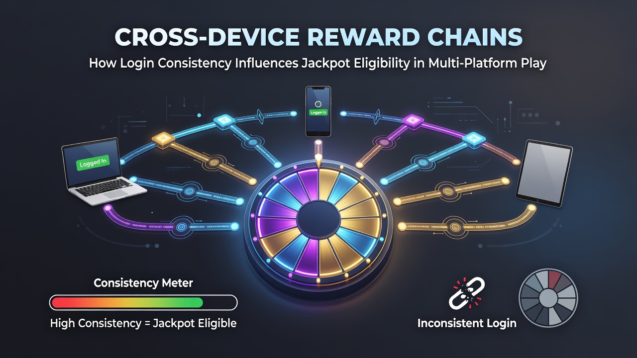 Detailed view of a poker player account dashboard displaying cross-device login history, chain progress meter, and jackpot eligibility status indicators