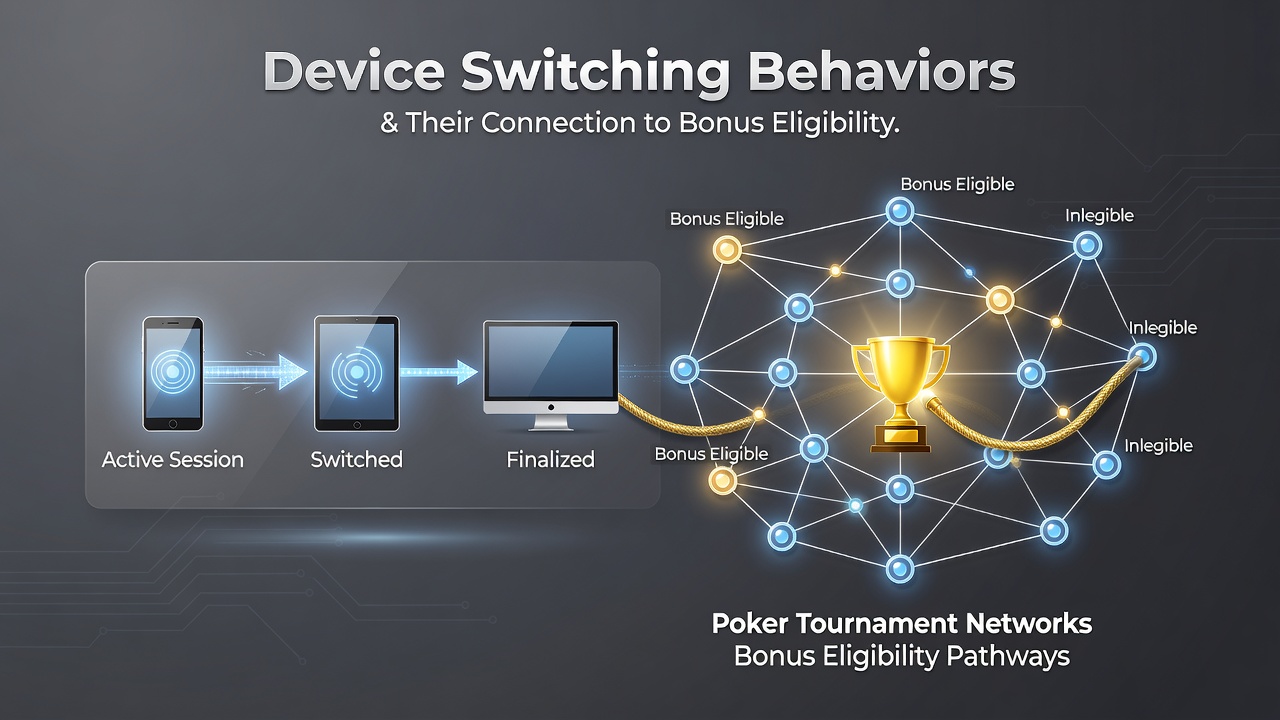 Illustration of multiple devices connected to a poker tournament network showing login patterns and bonus tracking elements