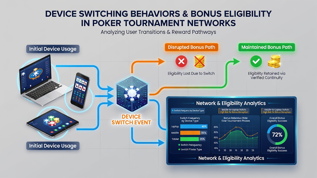 Diagram displaying device synchronization flows and reward trigger points within poker tournament ecosystems