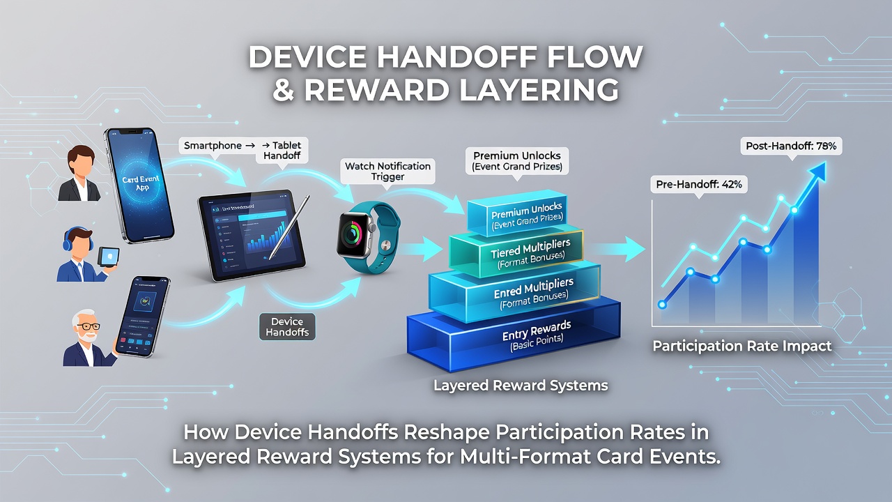 Analytics dashboard displaying participation rates and reward layer completions after device handoffs in card gaming events