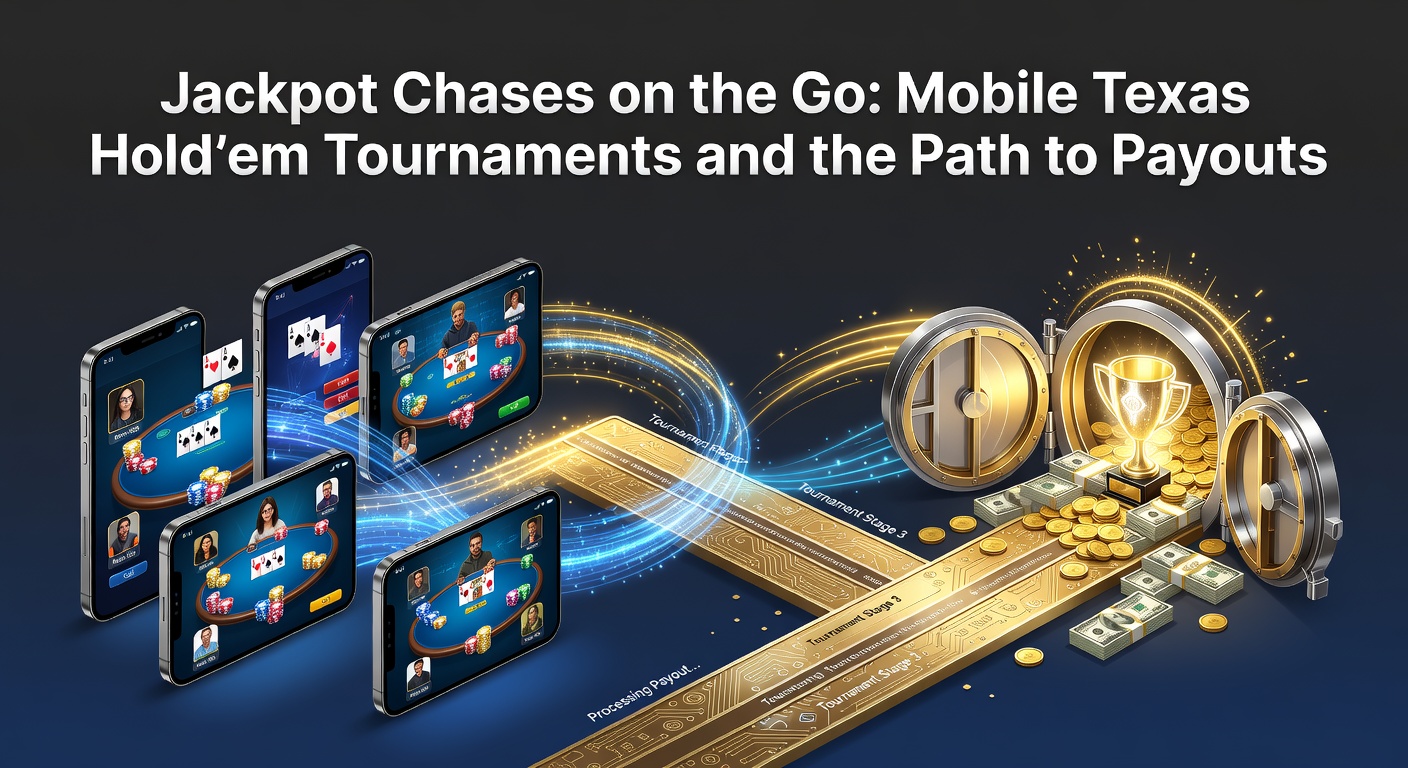 Player intently focused on a mobile Texas Hold'em tournament screen, chasing progressive jackpots amid a stack of virtual chips