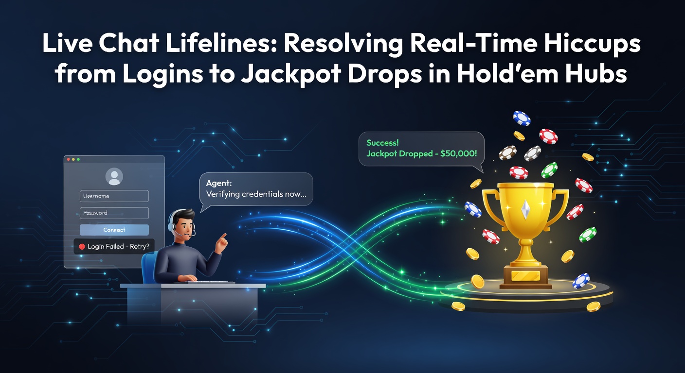 Poker player at a computer screen engaging in live chat support while a Texas Hold'em table runs in the background, highlighting real-time issue resolution