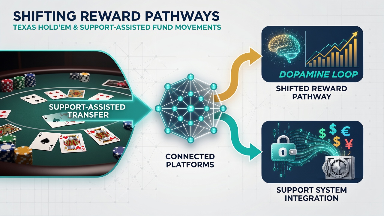 Support interface displaying fund movement options between Texas Hold'em platforms with reward pathway indicators