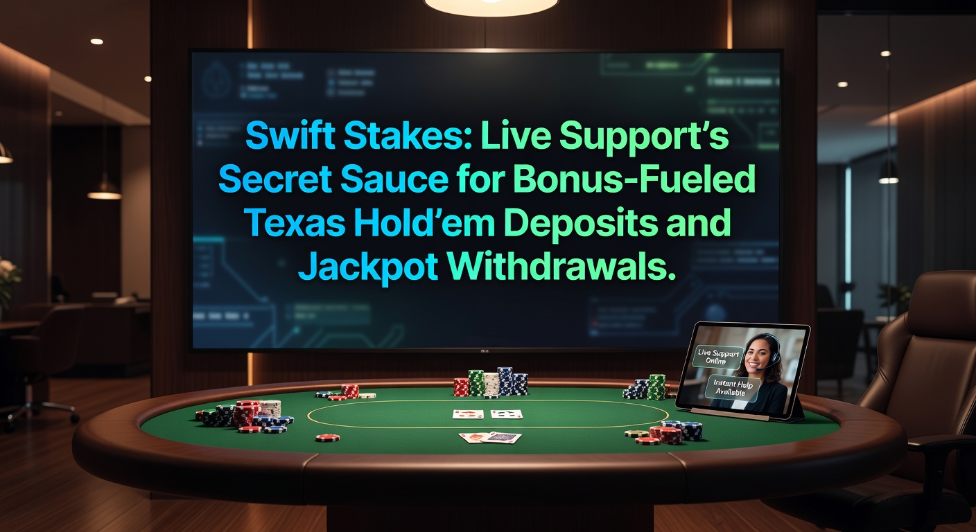 Players engaging with live support interface during a Texas Hold'em session on Swift Stakes, highlighting seamless deposit bonuses and jackpot processes