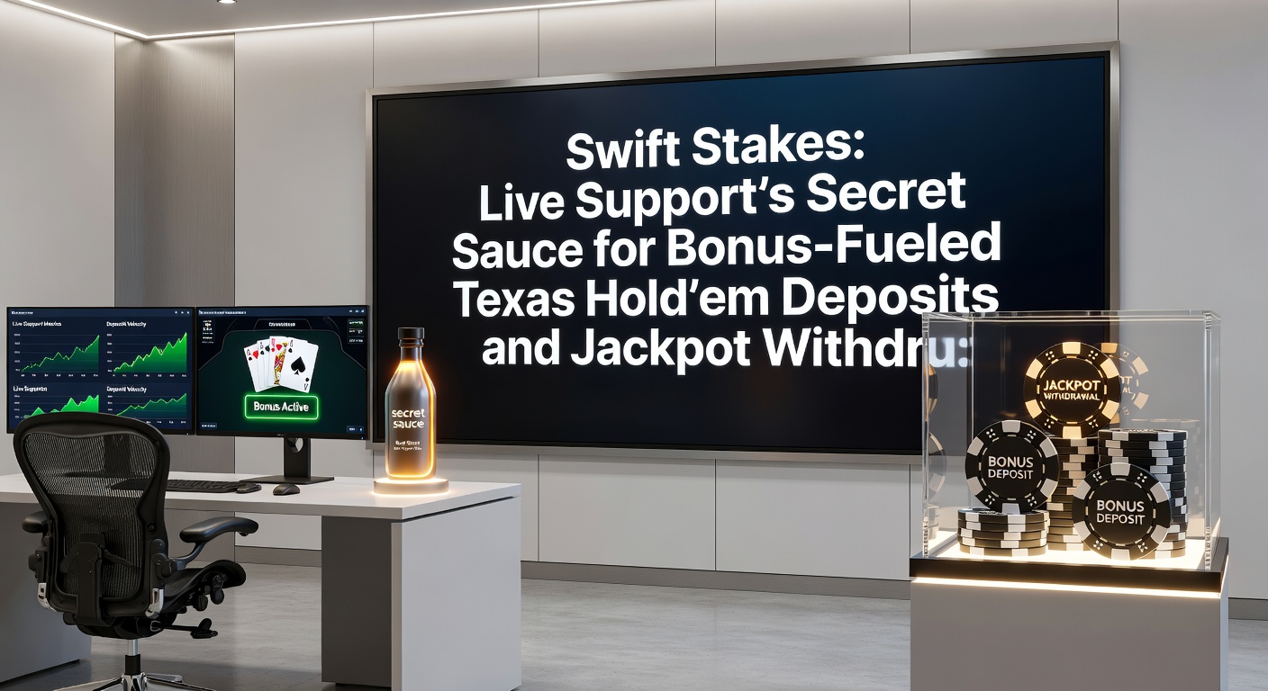 Close-up of a jackpot withdrawal confirmation screen on Swift Stakes, assisted by live support chat, with Texas Hold'em chips in the background