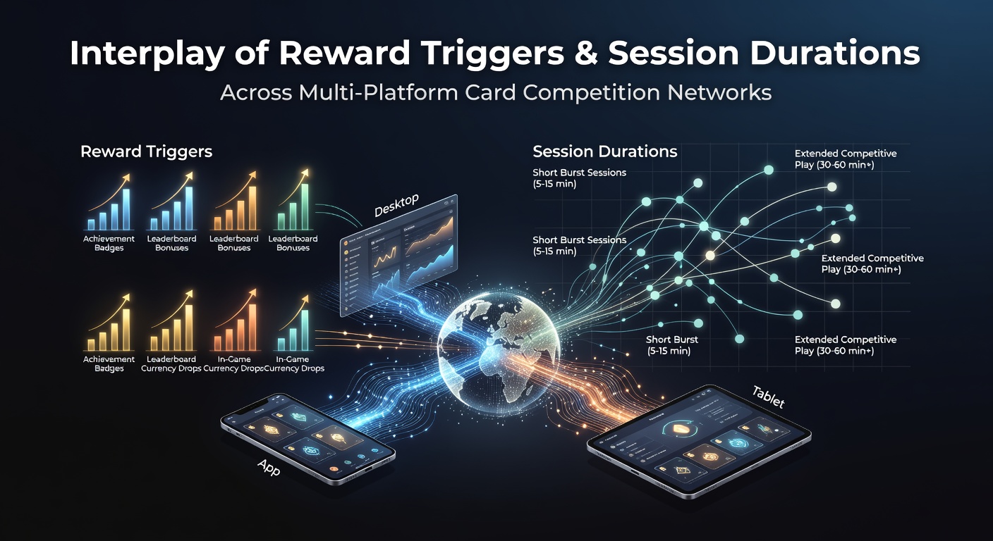 Multi-platform card competition networks showing reward triggers and player session interfaces across mobile and desktop devices