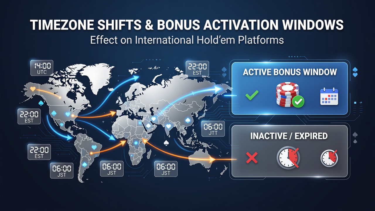 Global timezone map overlaid with poker platform bonus activation timelines showing UTC offsets across regions