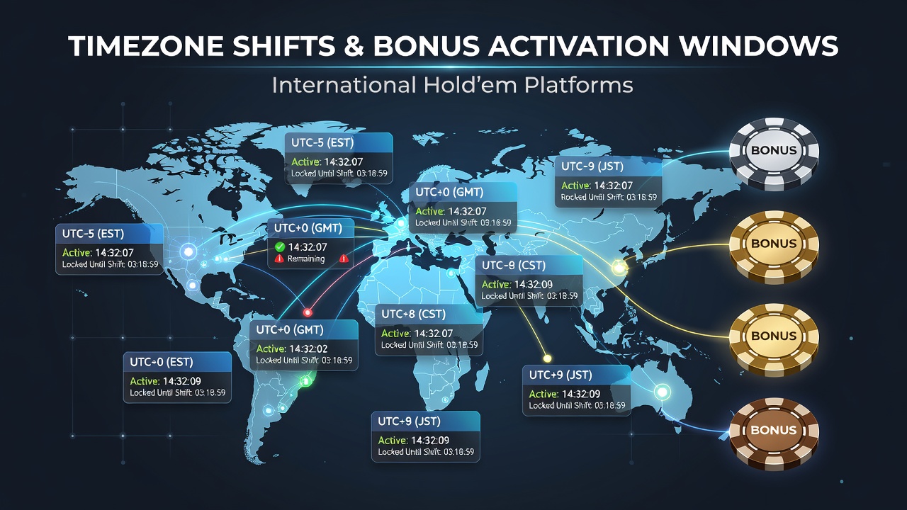 Screenshot of a Hold'em app displaying bonus countdown timers with multiple timezone conversions visible on screen