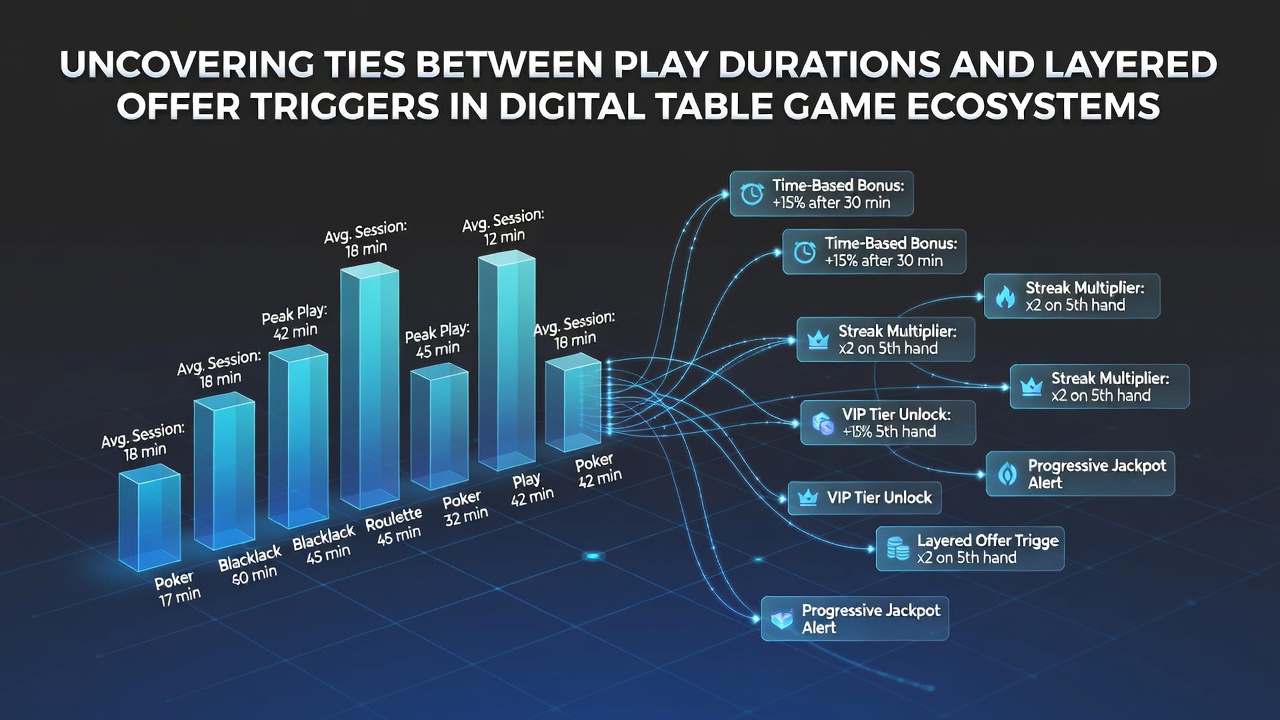 Digital table game interface showing session timers and layered bonus indicators across poker and blackjack tables