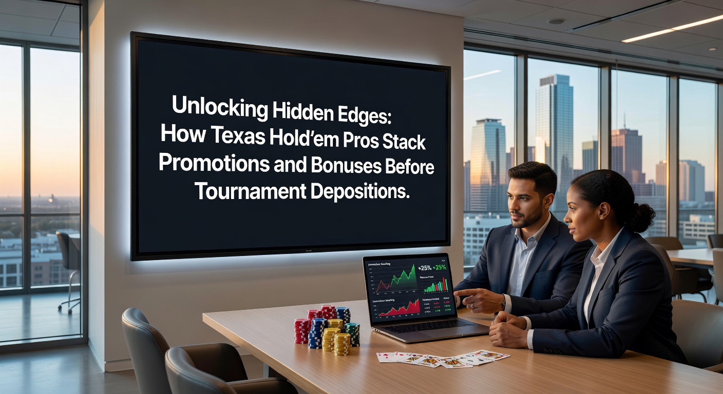 Texas Hold'em professionals reviewing bonus offers on multiple screens before a major tournament deposit